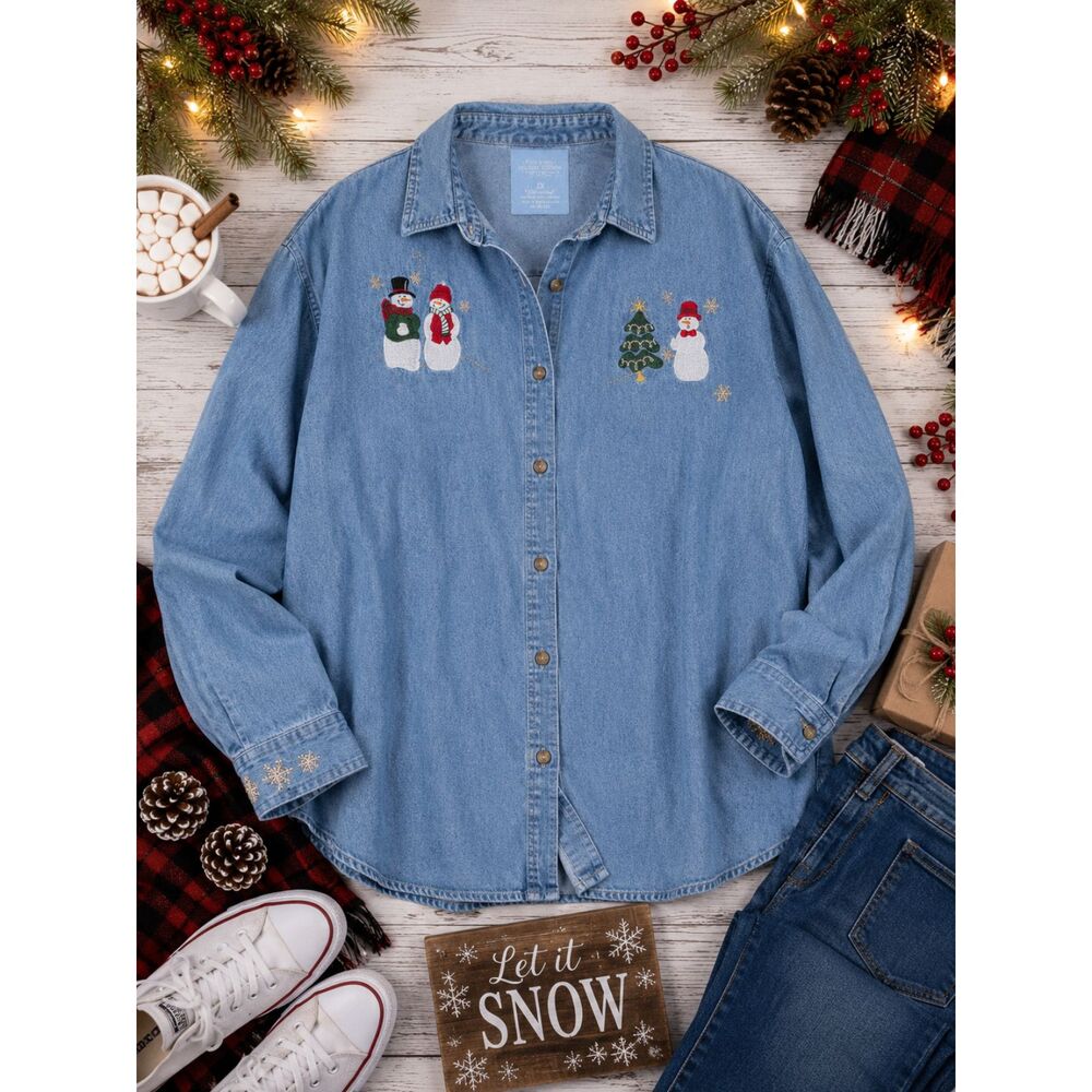 Vintage Y2K Christmas Denim Shirt 2X Festive Teacher Style Embroidered Snowmen